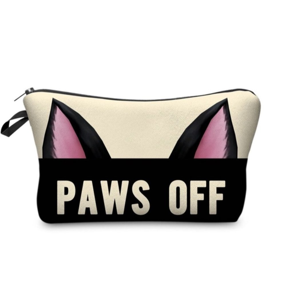 Adorable kitty Paws Off makeup bag in cool black and cream